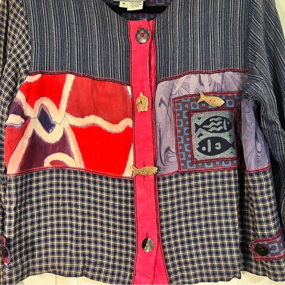 Vintage Faith Patchwork Fish Blazer Jacket Wooden Buttons Size Medium Cropped - Picture 5 of 9